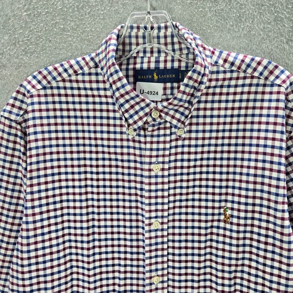 Ralph Lauren Men Button Up Shirt Large Blue Gingham Check Color Logo Collar READ